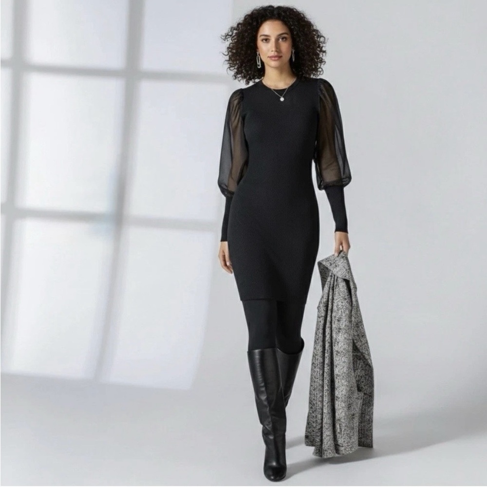 CAbi Duet Black Sheer-Puff Sleeve Knit Dress style 4455. Size medium